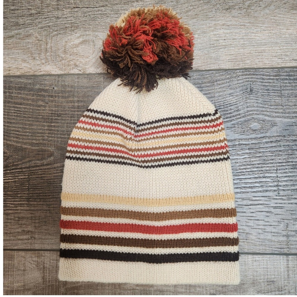 Wigwam 70s Beanie Hat Mens OS Cream Striped Vintage Pom Pom Excellent USA Made